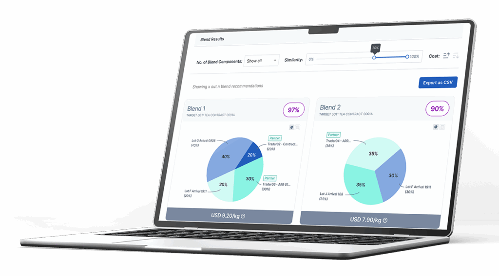 Laptop screen showing Blend ingredient quality assessment tool with blend recommendations for product development