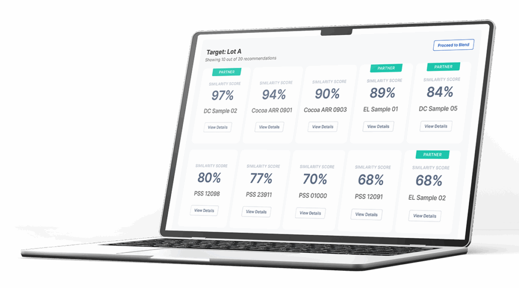 Laptop screen showing Match ingredient quality assessment tool with recommendations on similarity score against other candidate lots