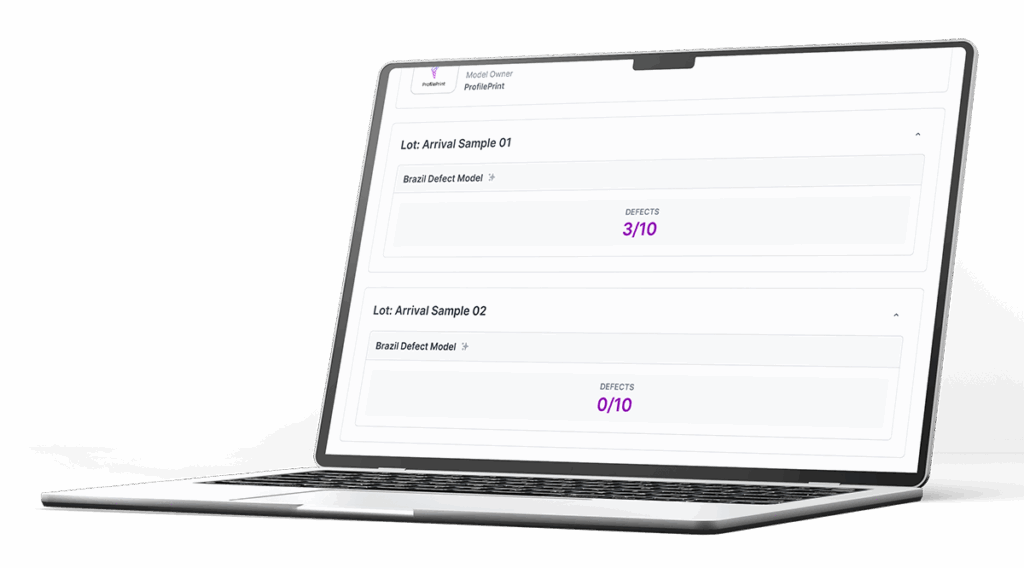 Laptop screen showing NVD AI ingredient quality assessment tool detecting coffee defects for quality control