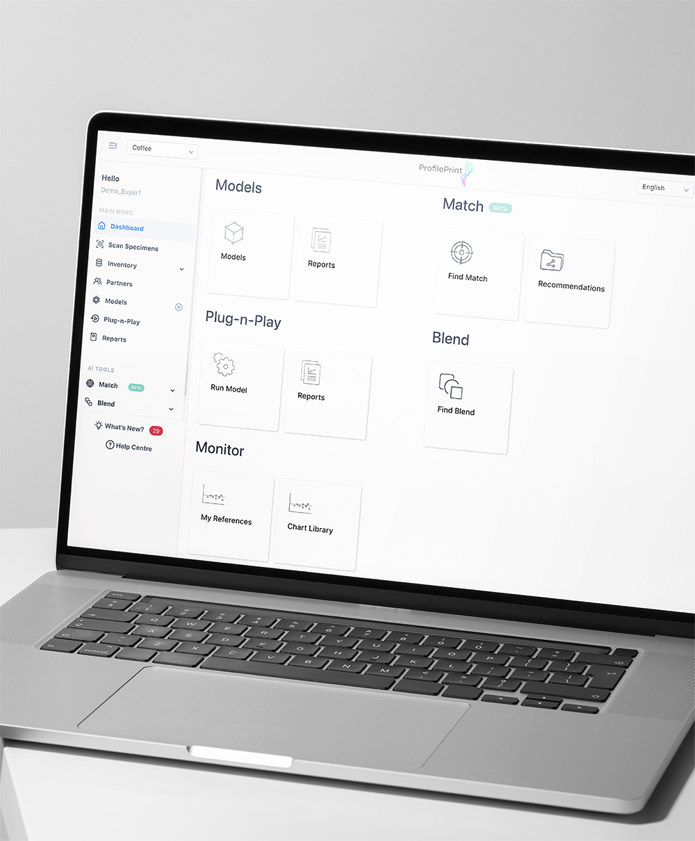 ProfilePrint ingredient quality platform interface with a suite of AI tools that help users with quality control, sourcing, and product development